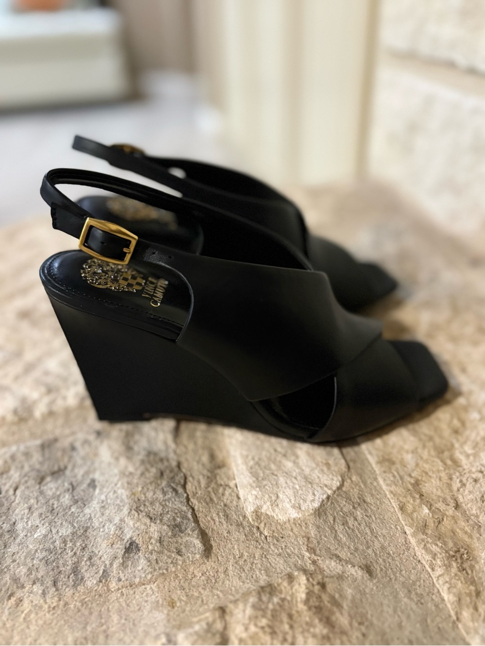 Vince Camuto Ameira Slingback Wedge Sandal in Black Leather Size 6.5 New in Box